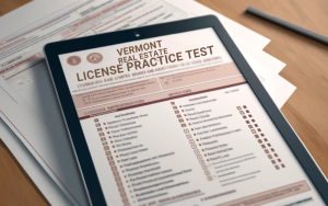 A Vermont real estate license practice test displayed on a tablet, resting on a stack of papers.